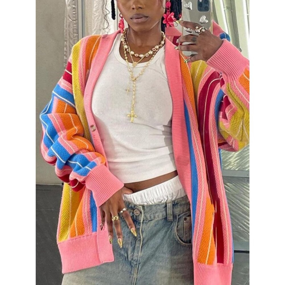 Women's Rainbow Striped Long Sleeve Button V Neck Block Knit Loose Sweater Coat - Picture 2 of 6